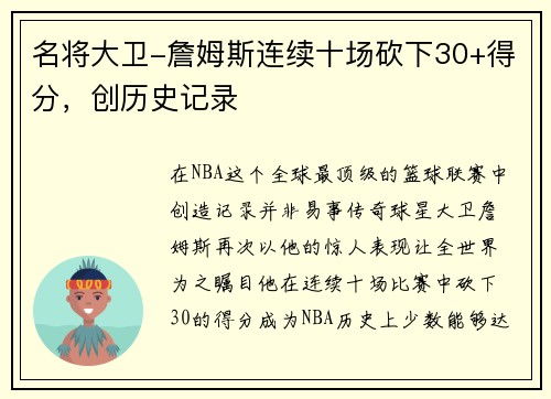 名将大卫-詹姆斯连续十场砍下30+得分，创历史记录