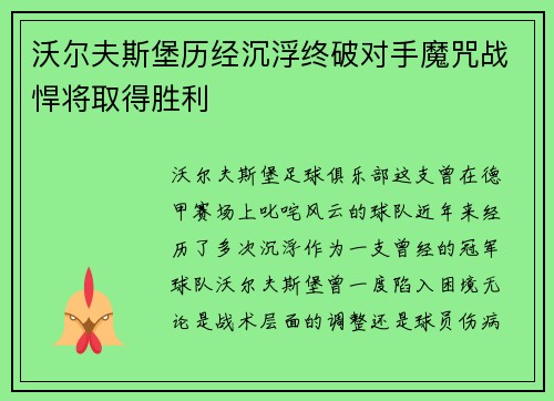 沃尔夫斯堡历经沉浮终破对手魔咒战悍将取得胜利