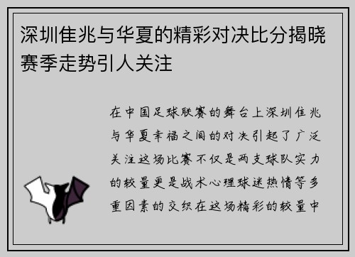 深圳隹兆与华夏的精彩对决比分揭晓赛季走势引人关注