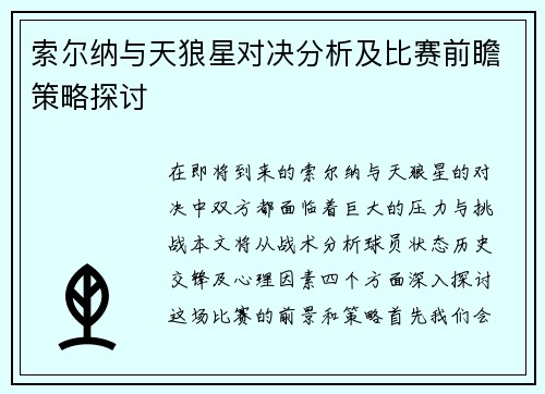 索尔纳与天狼星对决分析及比赛前瞻策略探讨