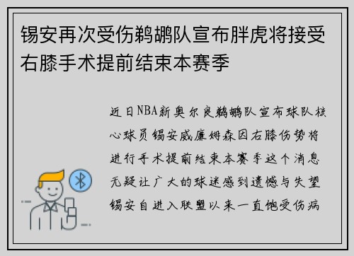 锡安再次受伤鹈鹕队宣布胖虎将接受右膝手术提前结束本赛季