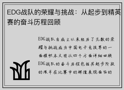 EDG战队的荣耀与挑战：从起步到精英赛的奋斗历程回顾
