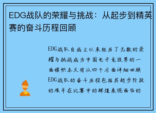 EDG战队的荣耀与挑战：从起步到精英赛的奋斗历程回顾